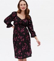 New Look Curves Maternity Black Floral Crepe Shirred Mini Dress